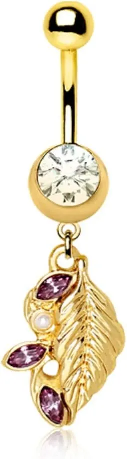 WILDKLASS Gold Plated Jeweled Fantasy Leaf Dangle Navel Ring