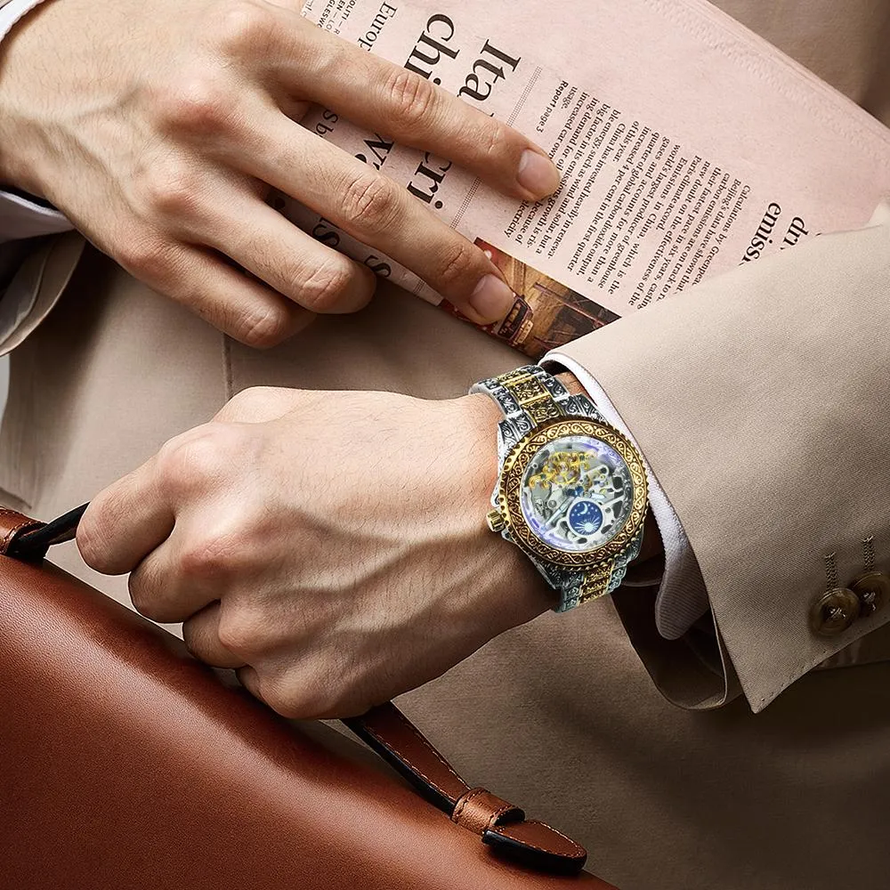 WINNER Automatic Mechanical Tourbillion Watch Moon Phase Carved Case Skeleton Dial Stainless Steel Strap 525