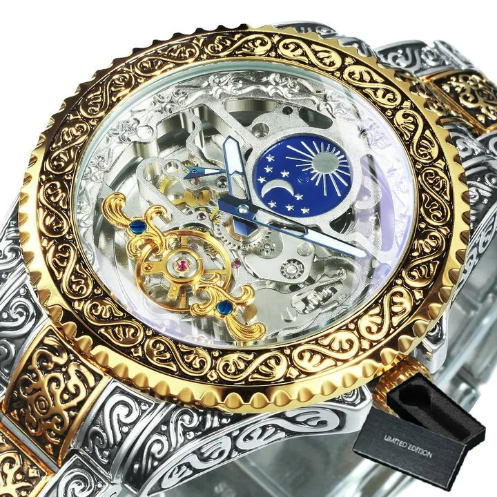 WINNER Automatic Mechanical Tourbillion Watch Moon Phase Carved Case Skeleton Dial Stainless Steel Strap 525