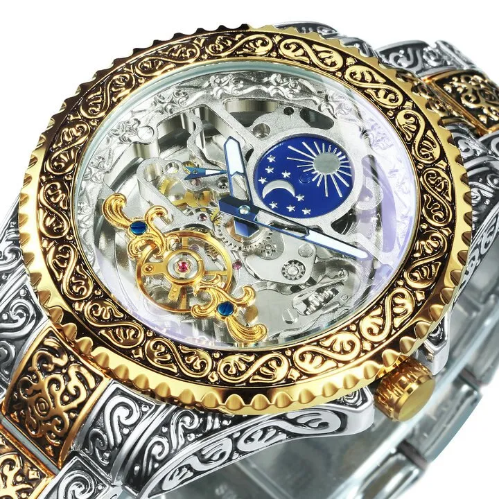 WINNER Automatic Mechanical Tourbillion Watch Moon Phase Carved Case Skeleton Dial Stainless Steel Strap 525