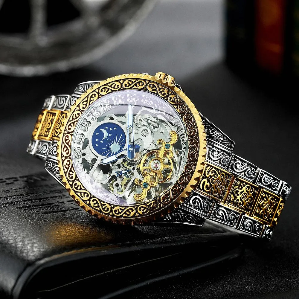 WINNER Automatic Mechanical Tourbillion Watch Moon Phase Carved Case Skeleton Dial Stainless Steel Strap 525