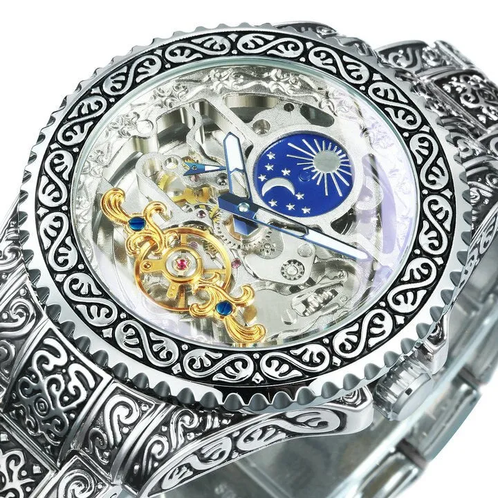 WINNER Automatic Mechanical Tourbillion Watch Moon Phase Carved Case Skeleton Dial Stainless Steel Strap 525
