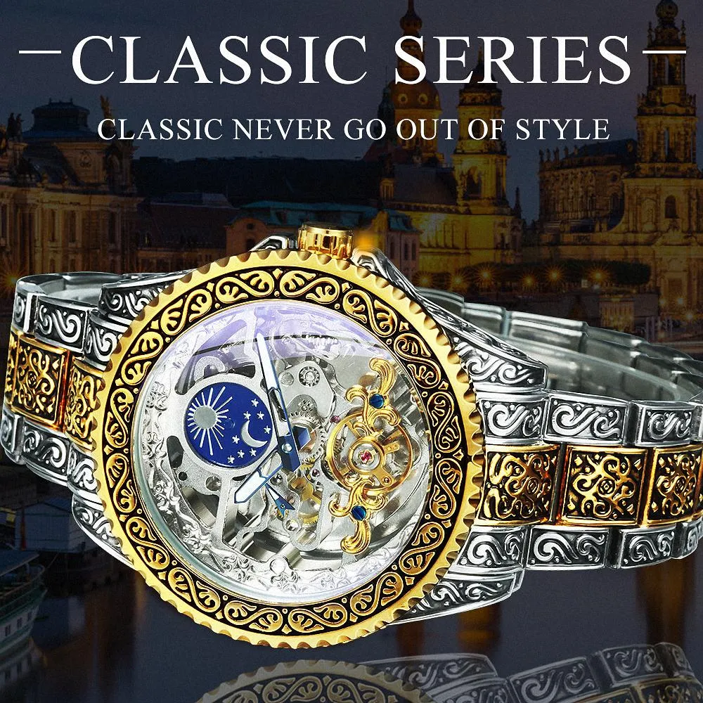 WINNER Automatic Mechanical Tourbillion Watch Moon Phase Carved Case Skeleton Dial Stainless Steel Strap 525