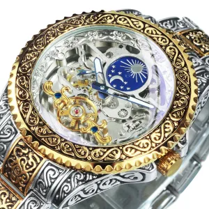WINNER Automatic Mechanical Tourbillion Watch Moon Phase Carved Case Skeleton Dial Stainless Steel Strap 525
