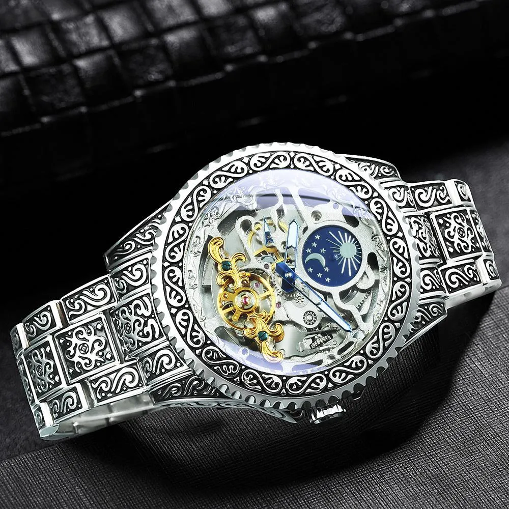 WINNER Automatic Mechanical Tourbillion Watch Moon Phase Carved Case Skeleton Dial Stainless Steel Strap 525