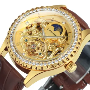 WINNER Luxury Gold Tourbillon Skeleton Automatic Mechanical Watch Moon Phase Diamond Luminous Hands Genuine Leather Belt
