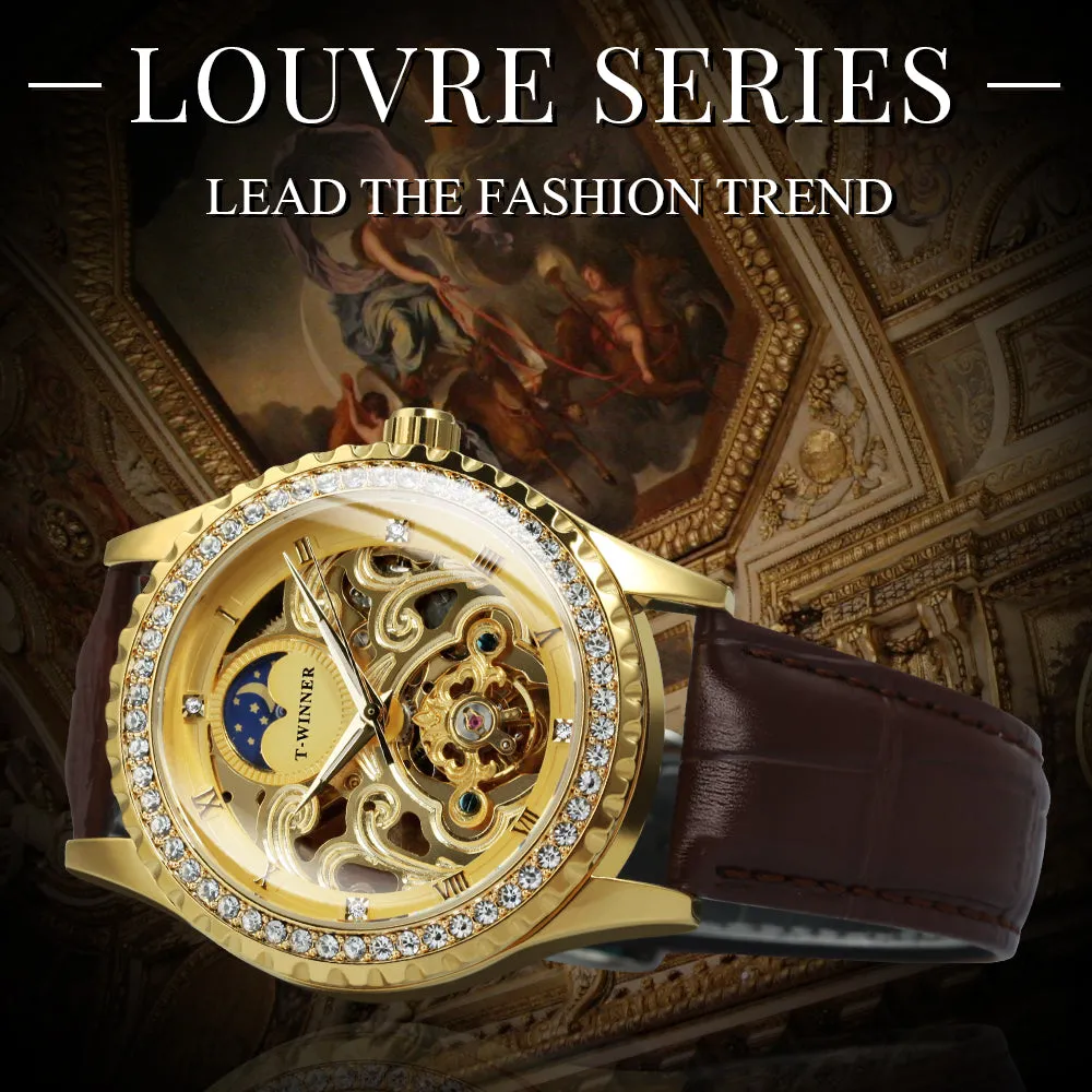 WINNER Luxury Gold Tourbillon Skeleton Automatic Mechanical Watch Moon Phase Diamond Luminous Hands Genuine Leather Belt