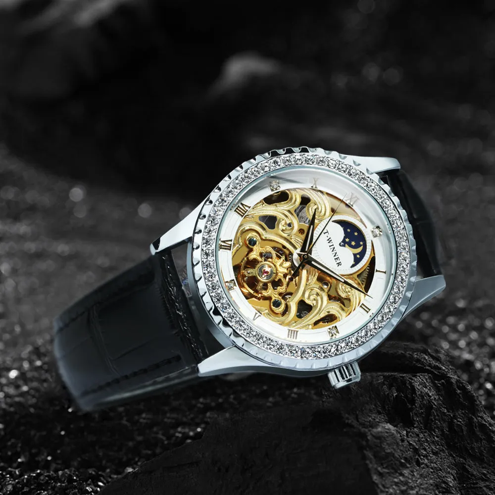 WINNER Luxury Gold Tourbillon Skeleton Automatic Mechanical Watch Moon Phase Diamond Luminous Hands Genuine Leather Belt