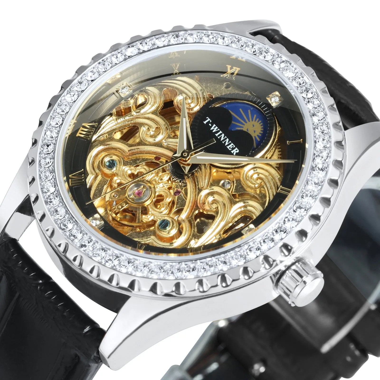 WINNER Luxury Gold Tourbillon Skeleton Automatic Mechanical Watch Moon Phase Diamond Luminous Hands Genuine Leather Belt