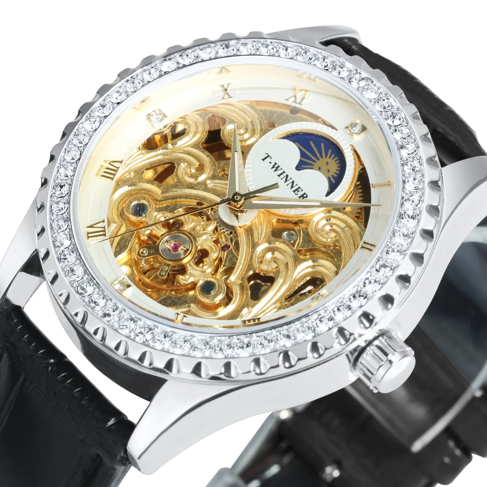 WINNER Luxury Gold Tourbillon Skeleton Automatic Mechanical Watch Moon Phase Diamond Luminous Hands Genuine Leather Belt