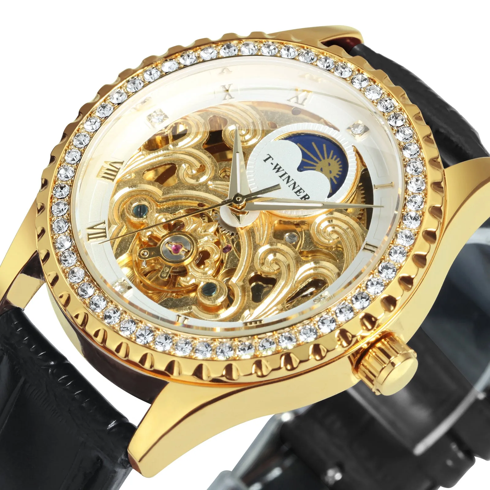 WINNER Luxury Gold Tourbillon Skeleton Automatic Mechanical Watch Moon Phase Diamond Luminous Hands Genuine Leather Belt
