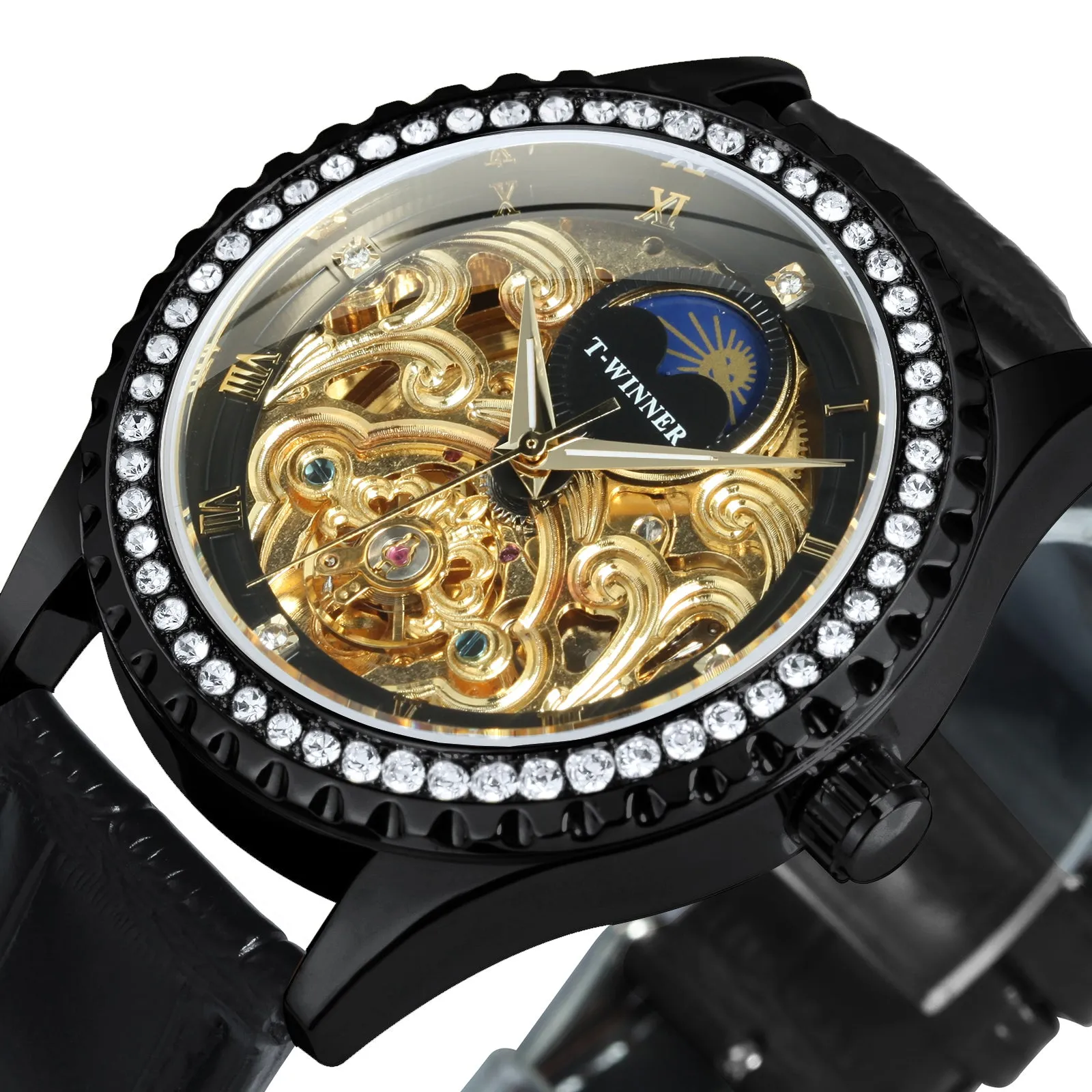 WINNER Luxury Gold Tourbillon Skeleton Automatic Mechanical Watch Moon Phase Diamond Luminous Hands Genuine Leather Belt