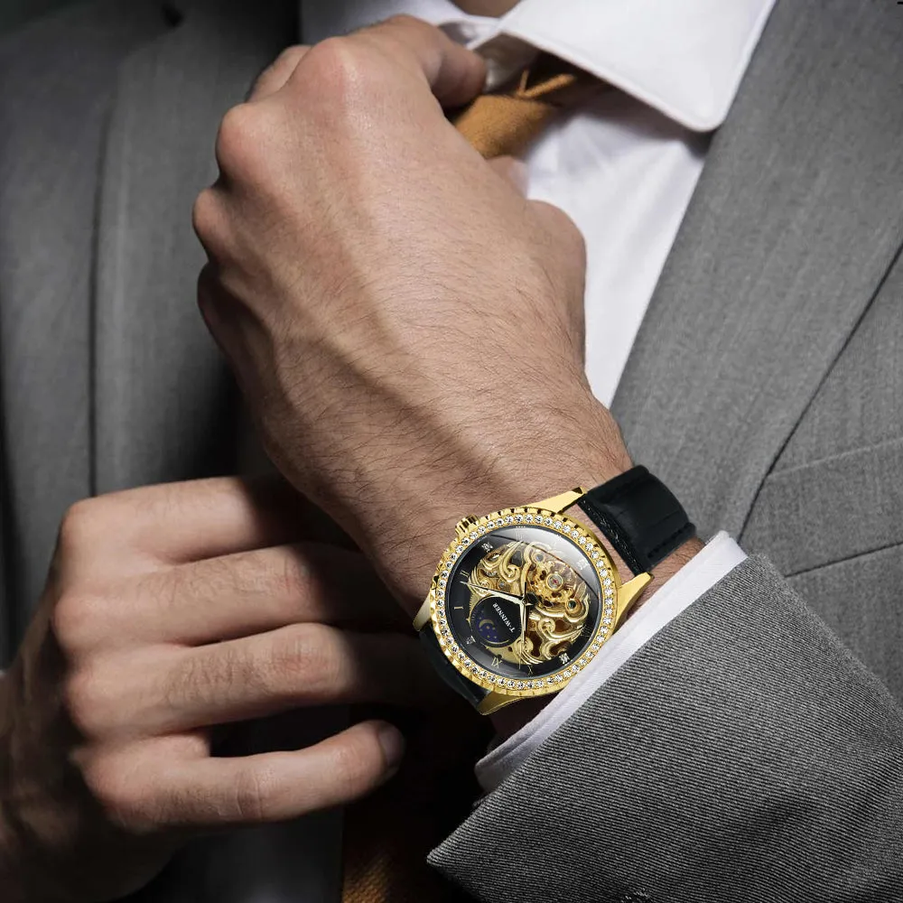 WINNER Luxury Gold Tourbillon Skeleton Automatic Mechanical Watch Moon Phase Diamond Luminous Hands Genuine Leather Belt