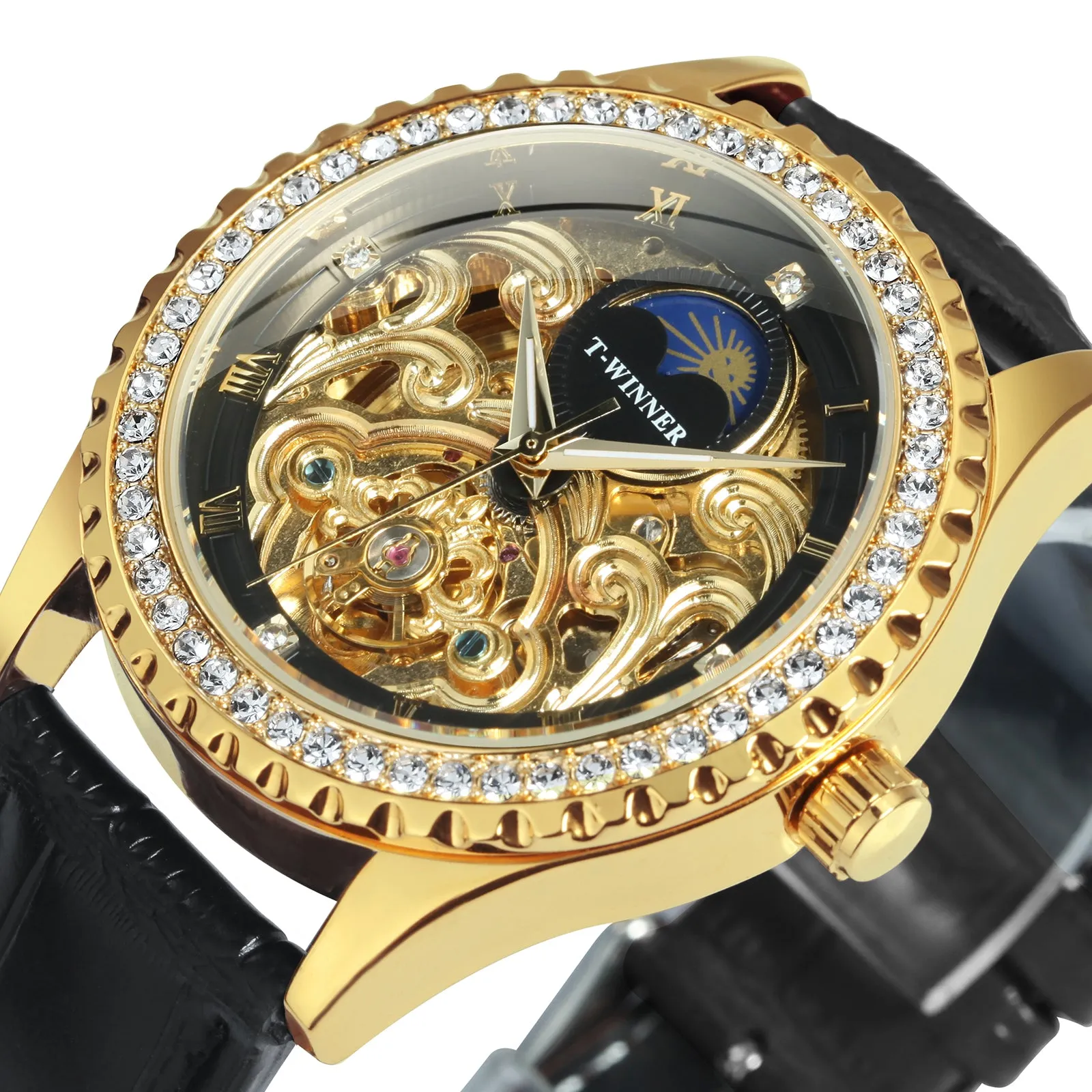 WINNER Luxury Gold Tourbillon Skeleton Automatic Mechanical Watch Moon Phase Diamond Luminous Hands Genuine Leather Belt
