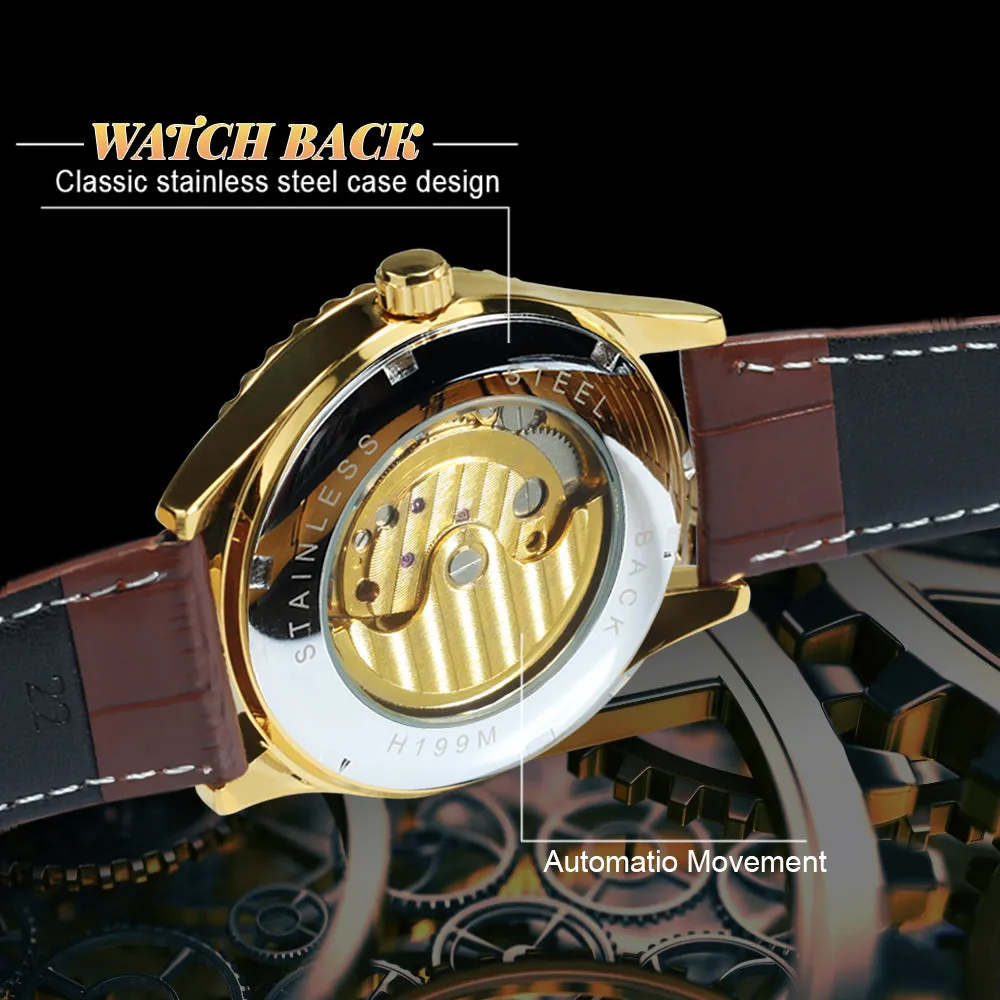 WINNER Luxury Gold Tourbillon Skeleton Automatic Mechanical Watch Moon Phase Diamond Luminous Hands Genuine Leather Belt