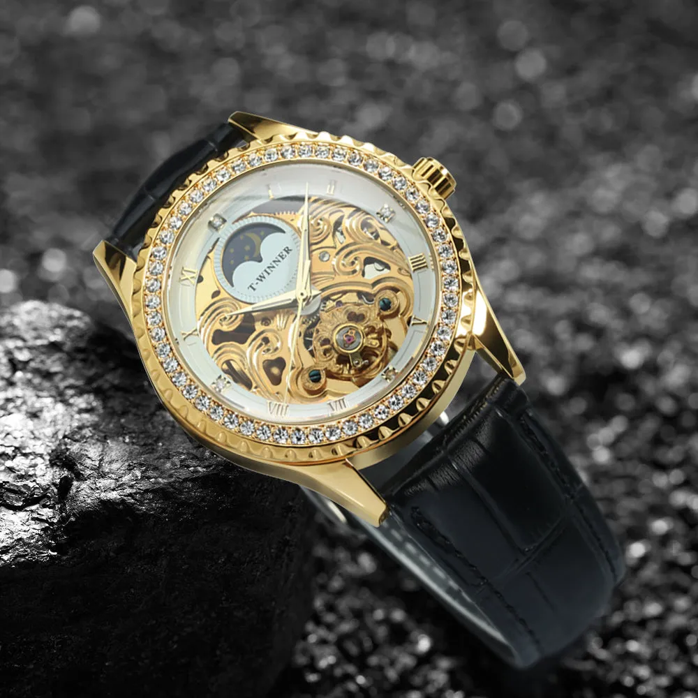 WINNER Luxury Gold Tourbillon Skeleton Automatic Mechanical Watch Moon Phase Diamond Luminous Hands Genuine Leather Belt