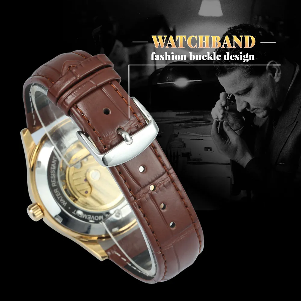 WINNER Luxury Gold Tourbillon Skeleton Automatic Mechanical Watch Moon Phase Diamond Luminous Hands Genuine Leather Belt