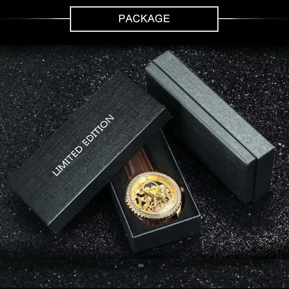 WINNER Luxury Gold Tourbillon Skeleton Automatic Mechanical Watch Moon Phase Diamond Luminous Hands Genuine Leather Belt