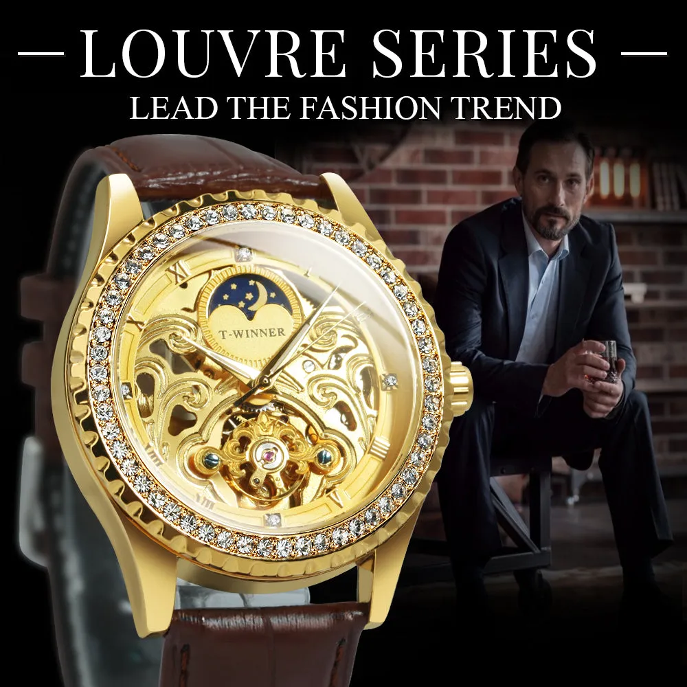 WINNER Luxury Gold Tourbillon Skeleton Automatic Mechanical Watch Moon Phase Diamond Luminous Hands Genuine Leather Belt